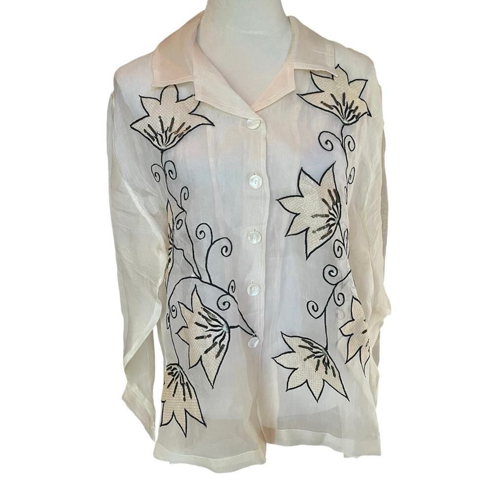 Stunning Vintage Patchington 100% Silk Floral Embroidered Sheer Blouse Top